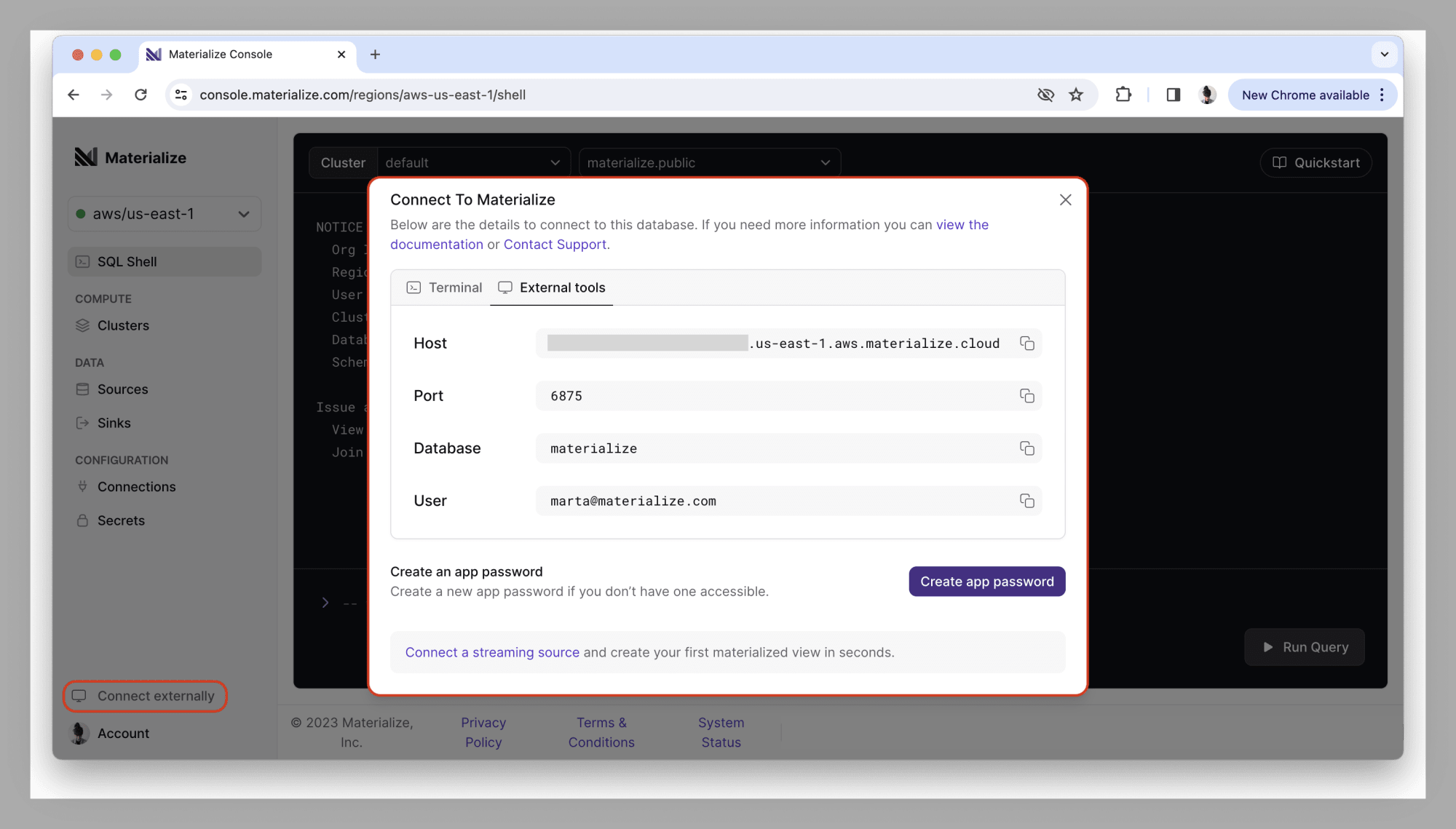 Access connection details for external from the bottom of the navigation bar via 'Connect externally'