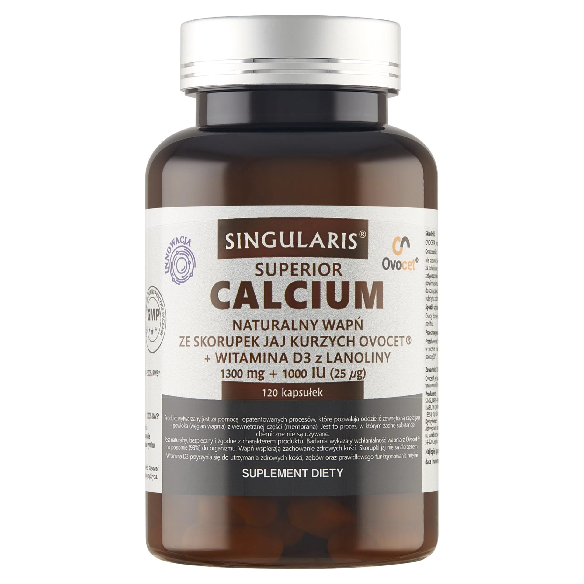 Singularis Calcium Naturalny Wapń ze Skorupek Jaj Kurzych OVOCET® + Witamina D3 – 120 kaps.