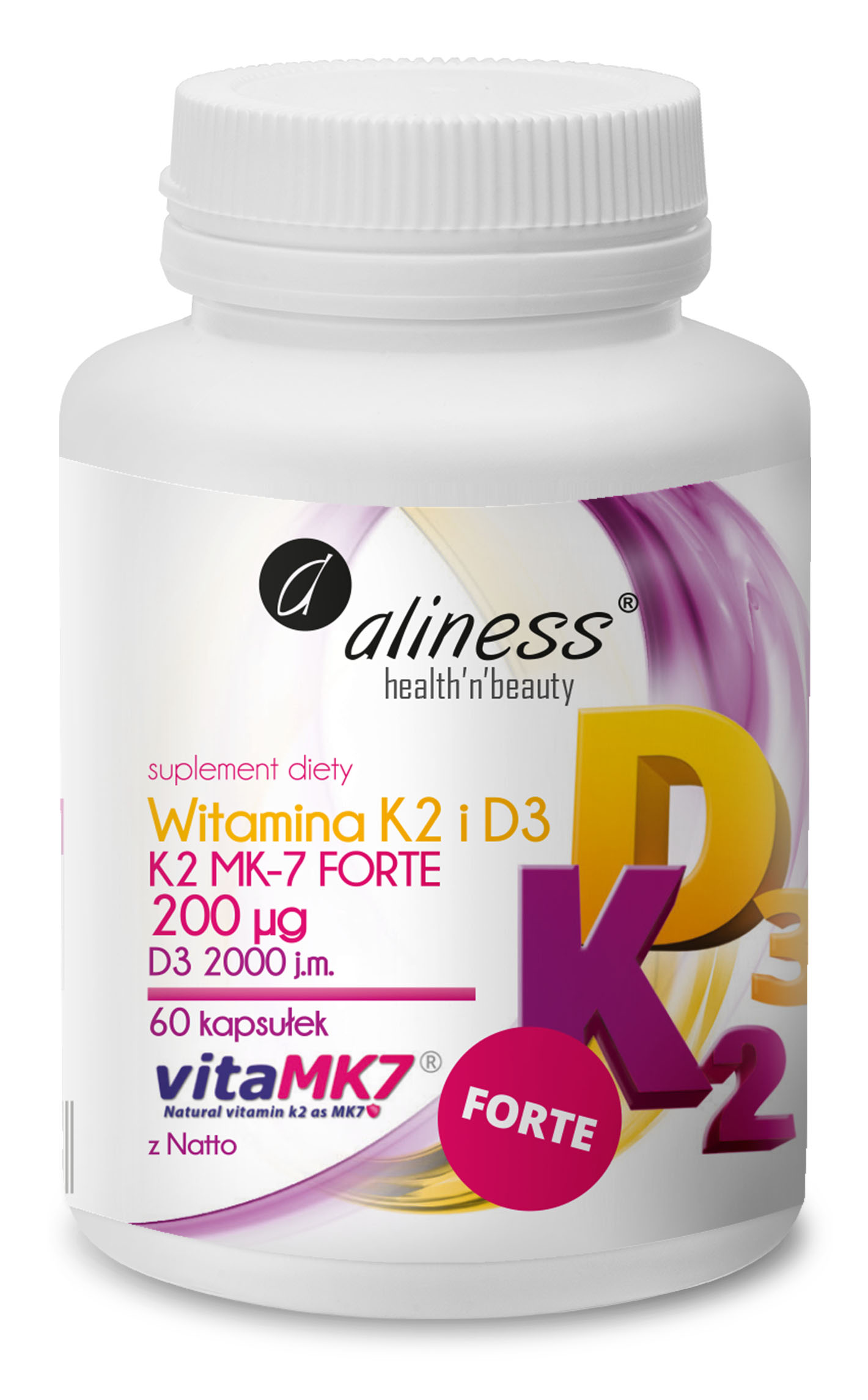 Naturalna Witamina K2 FORTE MK-7 200 µg z Natto + D3 x 60 kaps.