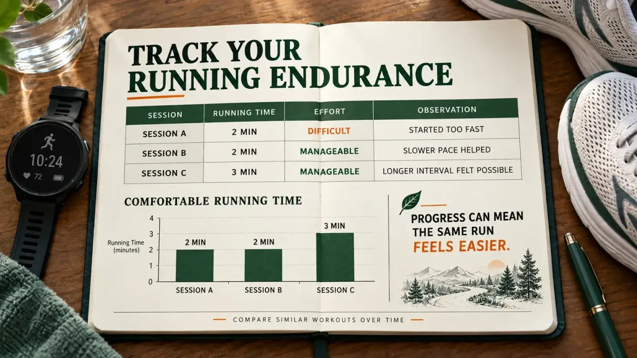 Beginner running progress tracker comparing jogging time, perceived effort, and workout observations across three sessions.