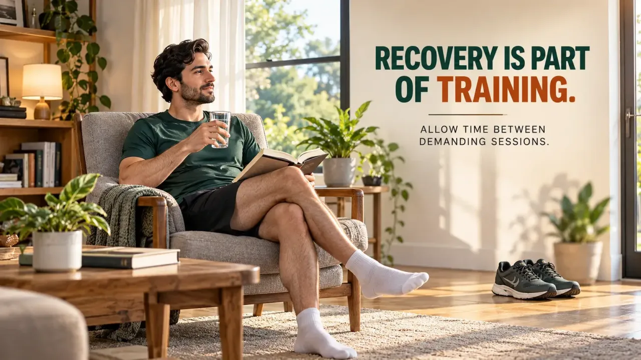 Recreational runner enjoying a restful recovery day at home between beginner endurance workouts.