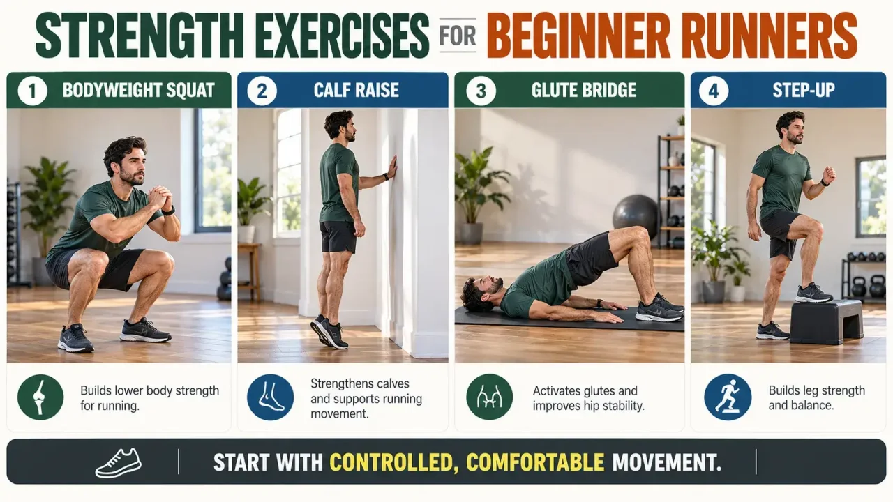 Beginner runner demonstrating bodyweight squats, calf raises, glute bridges, and step-ups to support general fitness.