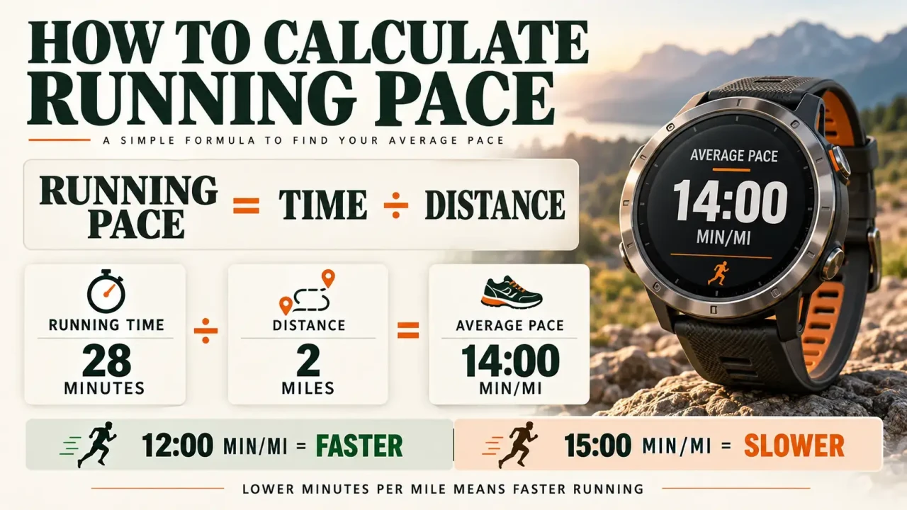 Running pace formula showing 28 minutes divided by 2 miles equals 14 minutes per mile.