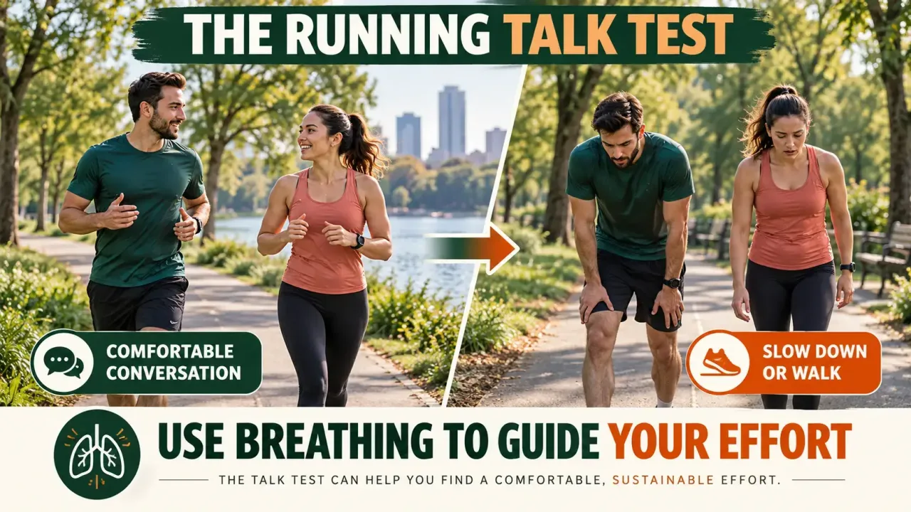 Two beginner runners talking comfortably while jogging, demonstrating the talk test for running effort.