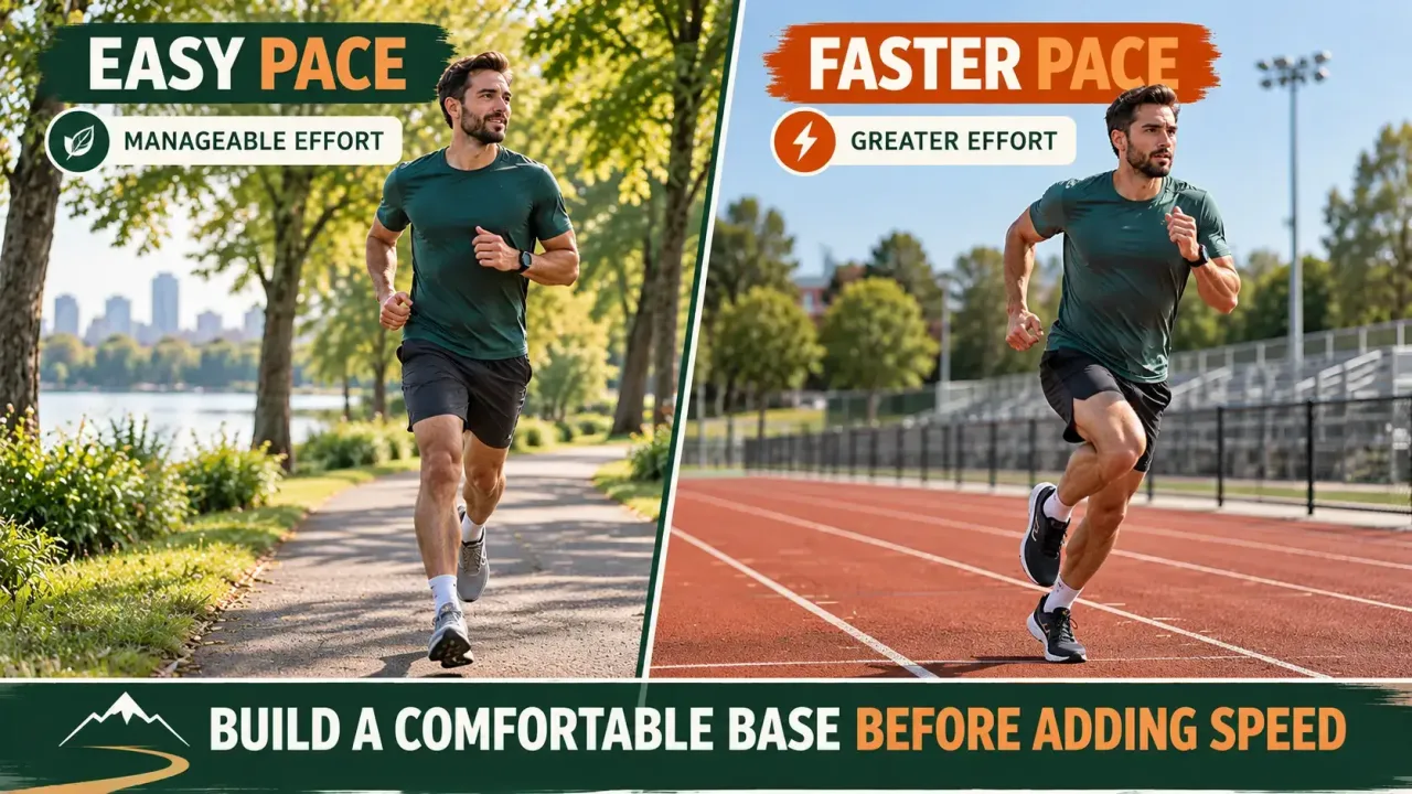 Easy jogging pace compared with faster running, showing different effort levels for recreational runners.