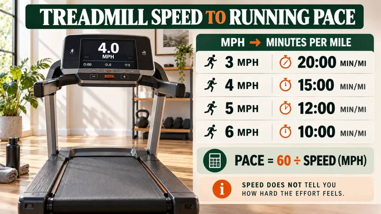 Treadmill speed conversion chart showing 3, 4, 5, and 6 mph converted to minutes per mile.
