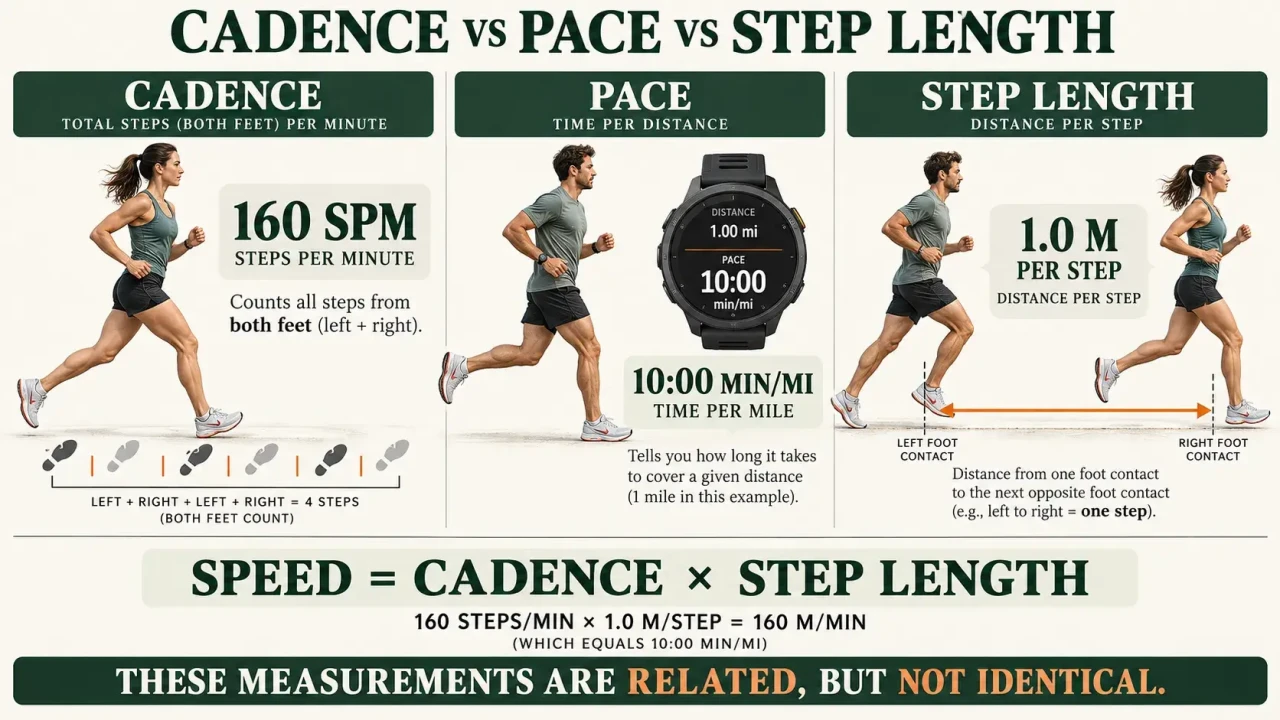 Running biomechanics infographic explaining cadence as steps per minute, pace as time per mile, and step length as distance per step.
