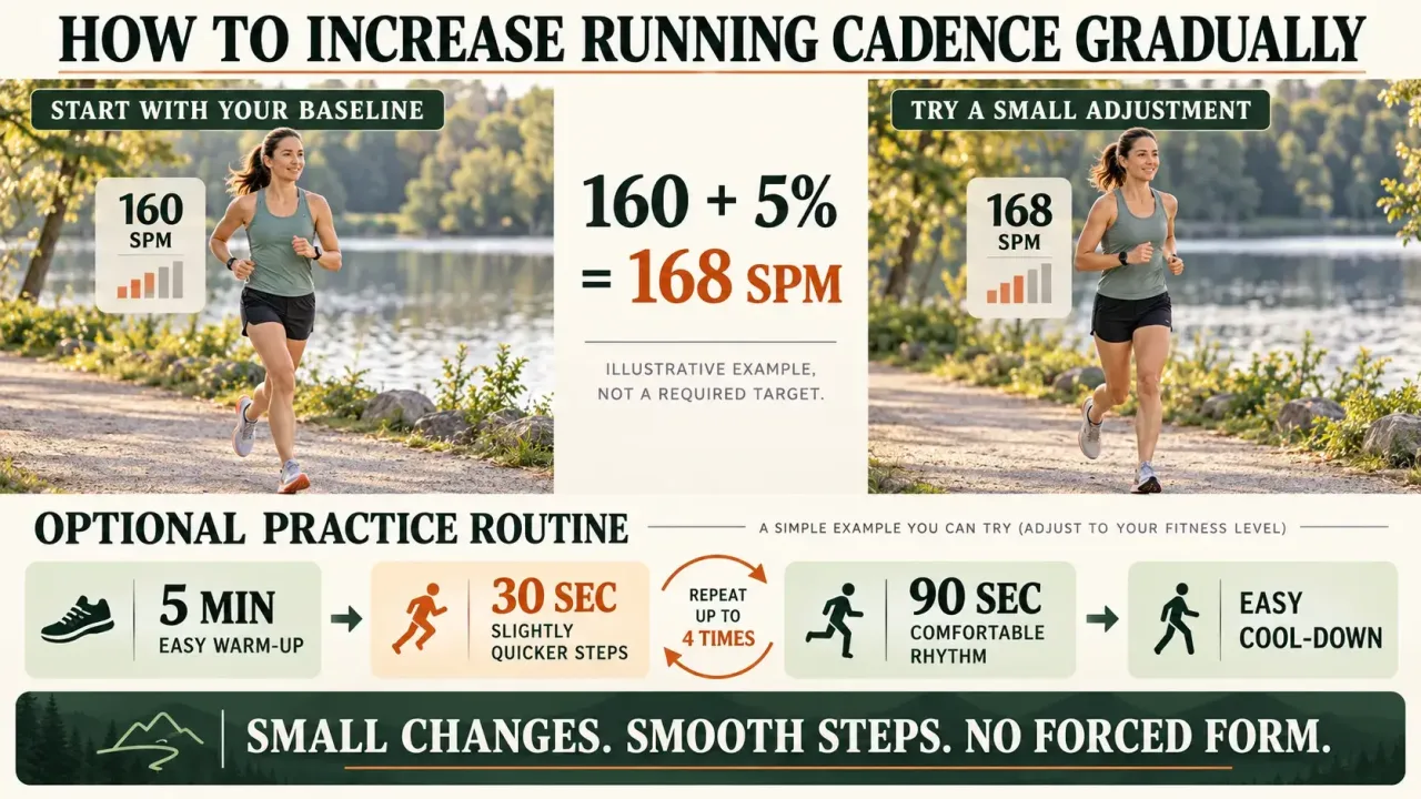 Running cadence training guide showing a small increase from 160 to 168 steps per minute and short practice intervals.