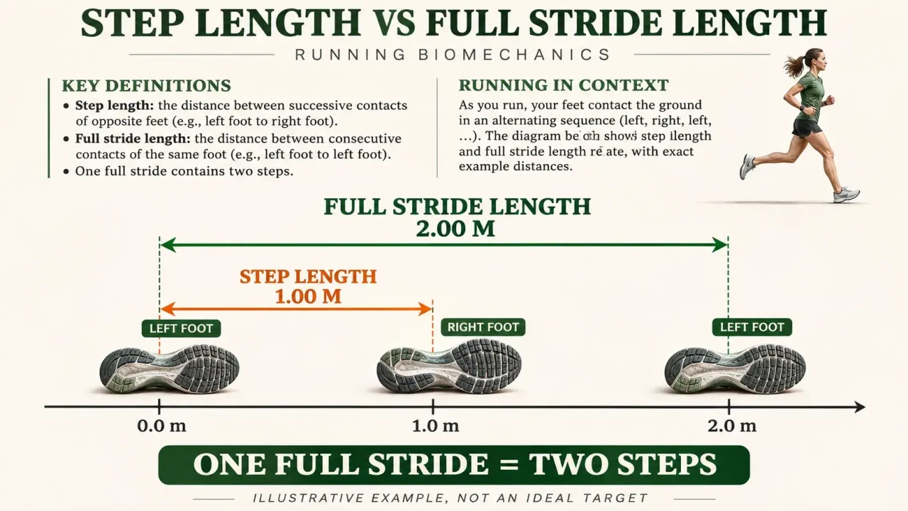 Running biomechanics diagram showing one-meter step length between opposite-foot landings and two-meter full stride length between successive left-foot landings.
