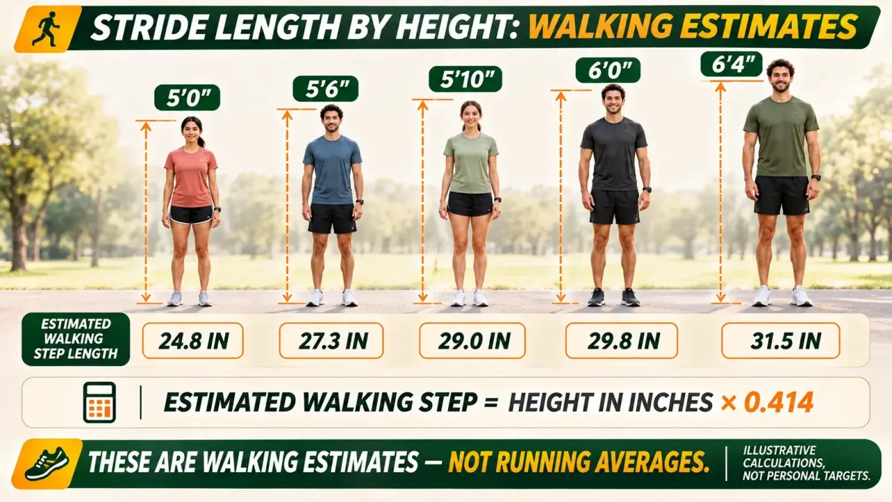 Height comparison chart showing estimated walking step lengths for people from five feet to six feet four inches, with a warning that these are not running averages.