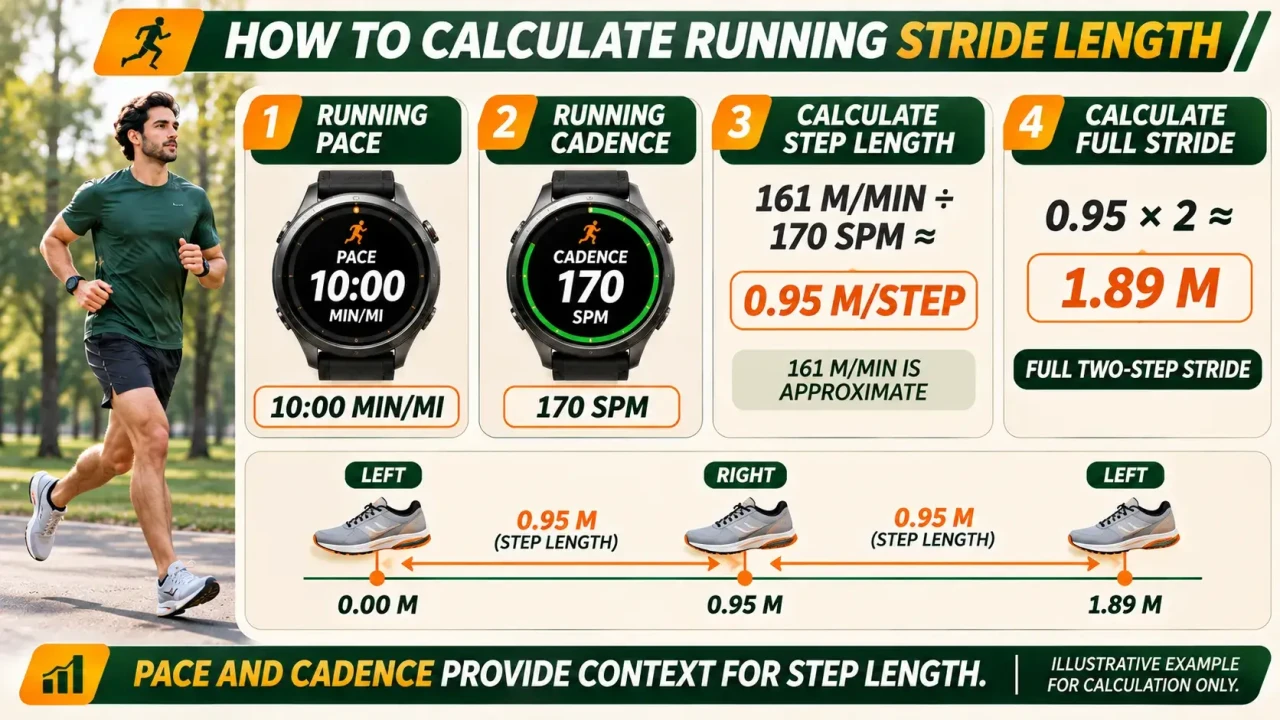 Running stride length calculation using a ten-minute mile pace and 170 steps per minute to estimate 0.95 meters per step and 1.89 meters per full stride.