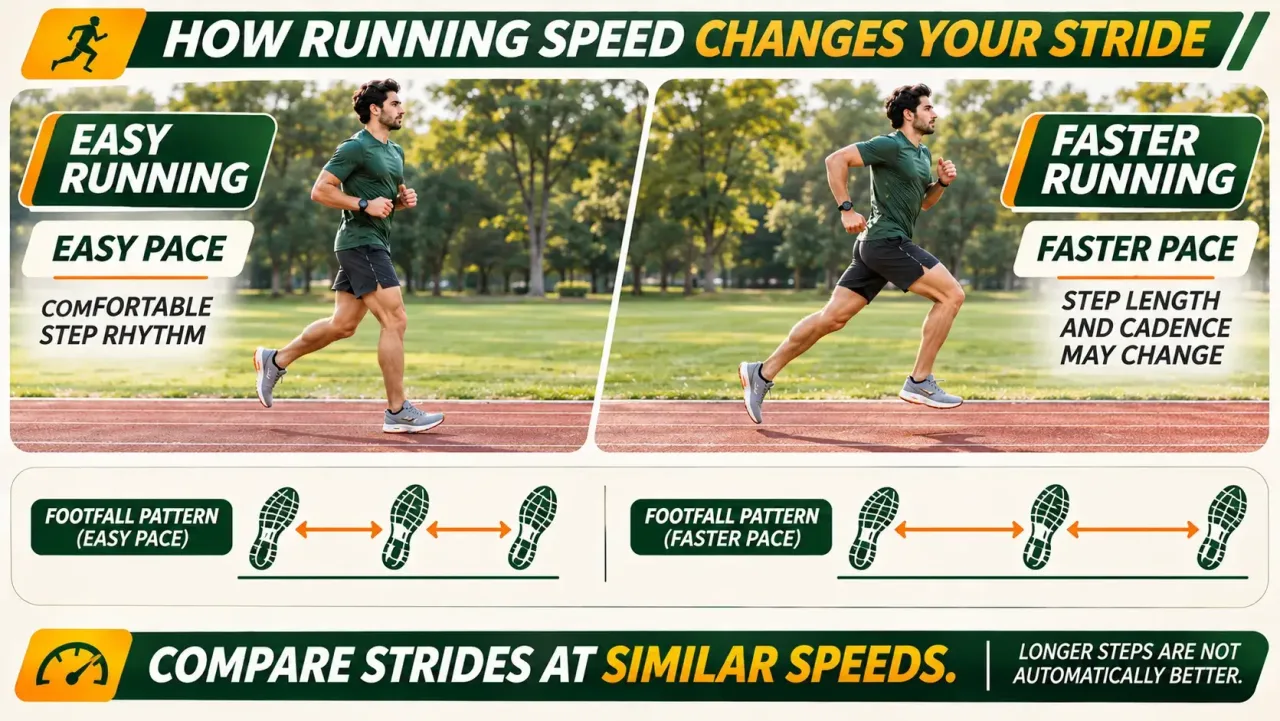 Same recreational runner shown at an easy pace and faster training pace to illustrate how running step length and cadence can change with speed.