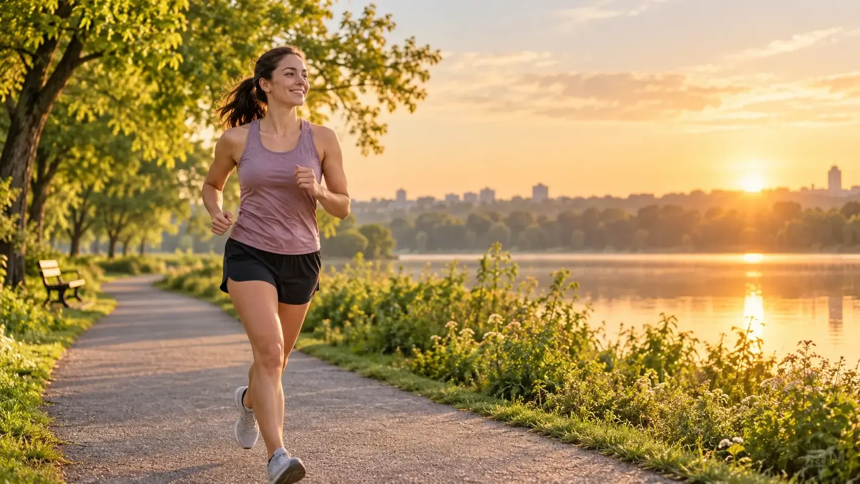 A group of beginner and experienced runners enjoying a morning run along a scenic park trail. Surrounded by lush greenery and warm sunrise light, the runners demonstrate comfortable pacing and natural