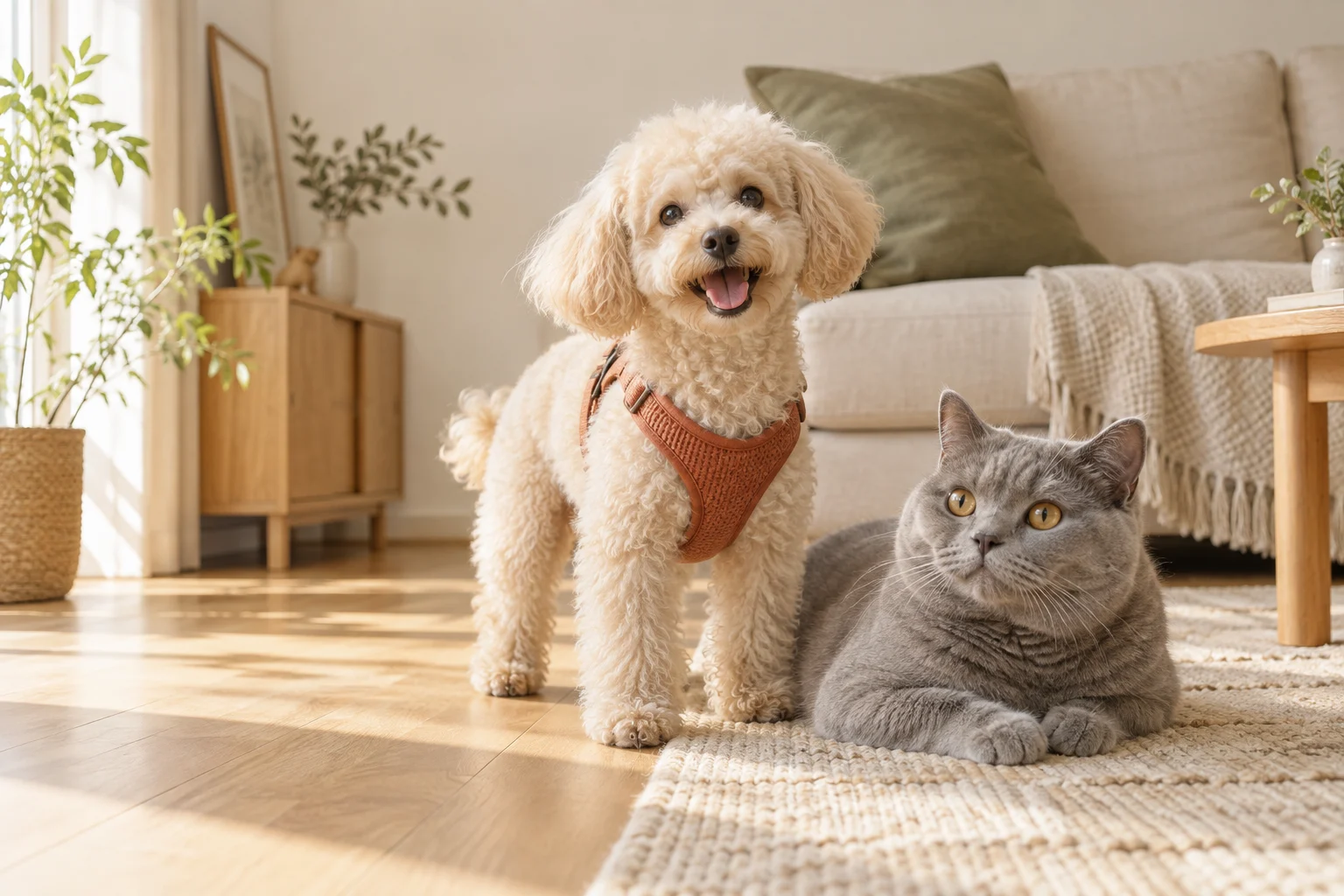 犬と猫が一緒にくつろぐ、やわらかな光の部屋