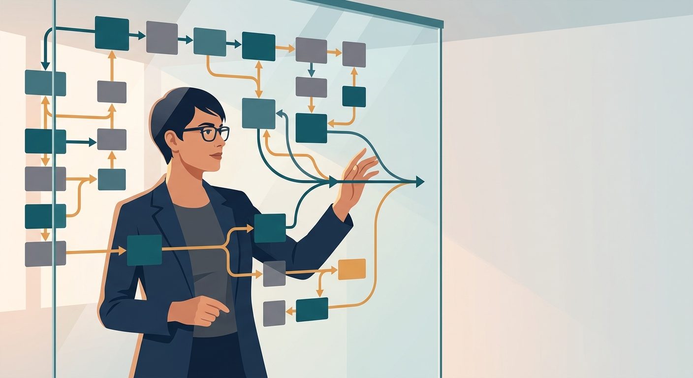 Founder simplifying a tangled workflow diagram into a clean process on a glass wall