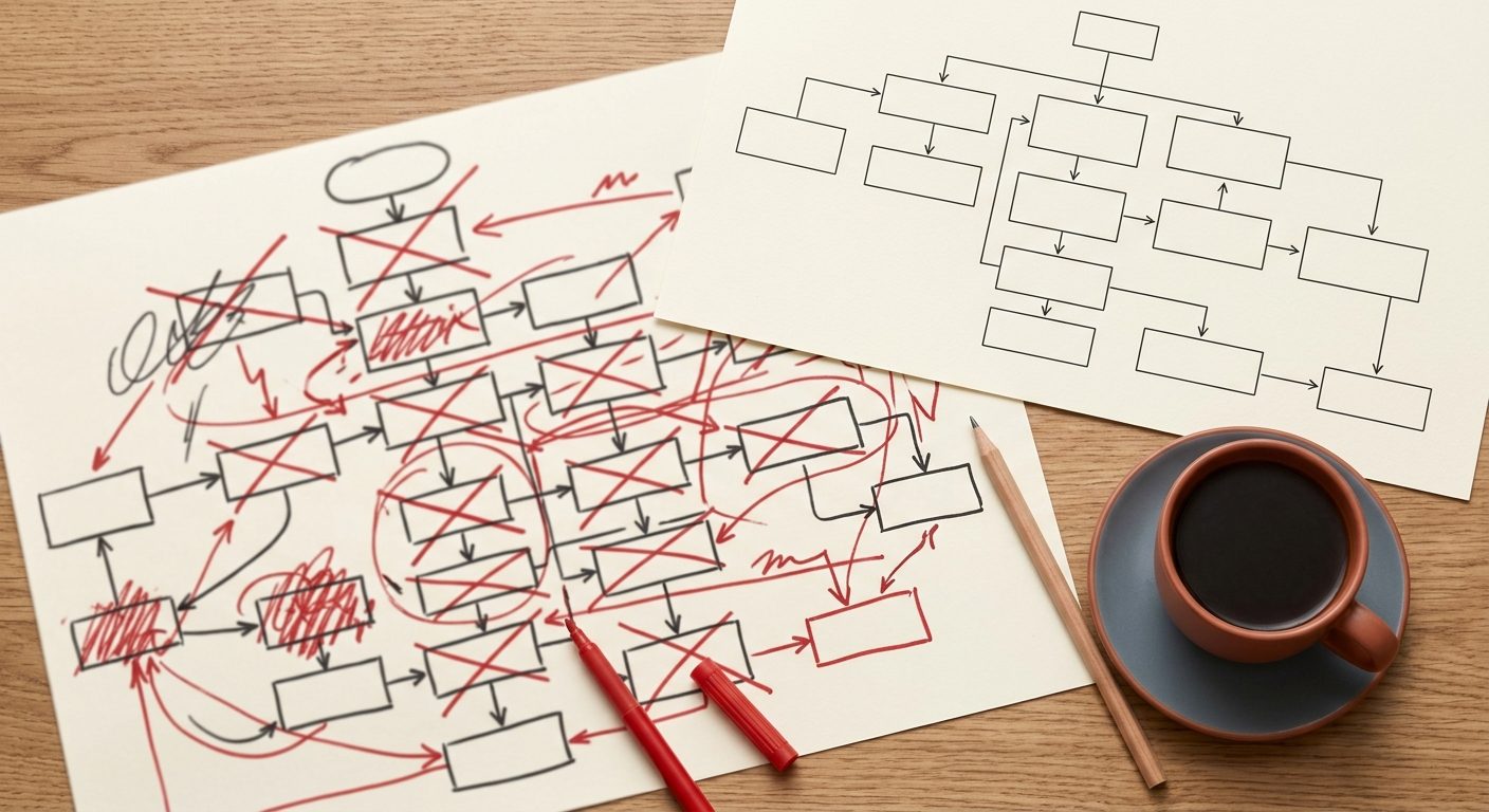 Overhead view of a messy process chart being redrawn into a simplified version