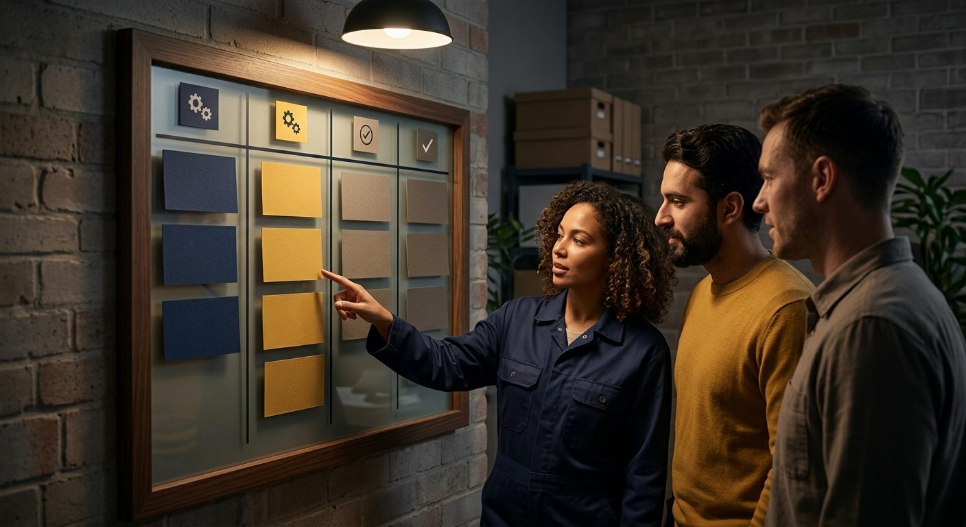 Operations team reviewing color-coded task cards moving through a kanban workflow