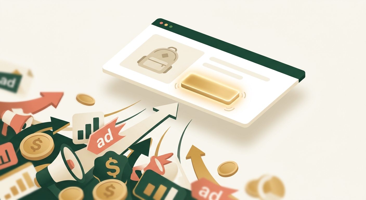 Checkout button standing out among scattered ad spend icons representing conversion focus over ad spend