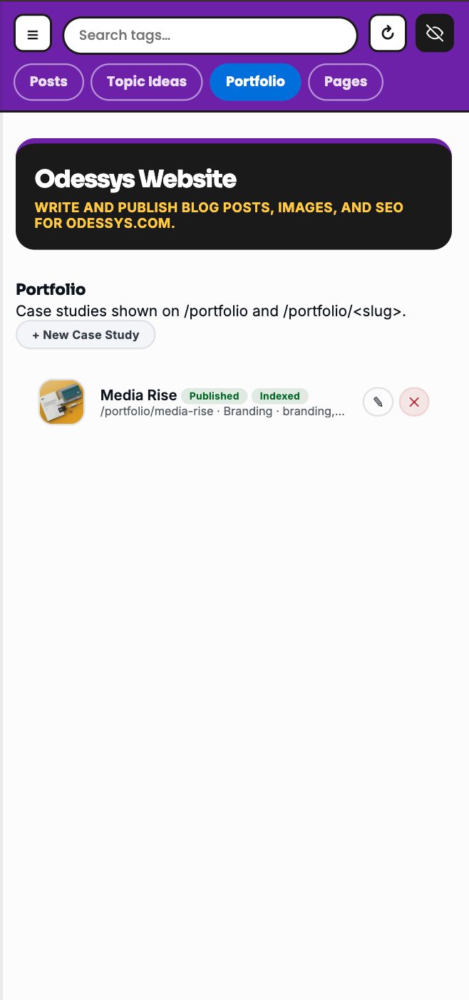 Odessys Website module showing the Portfolio and case study tab