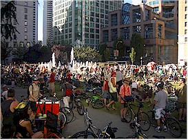 Cyclists gathering at the Vancouver Art Gallery