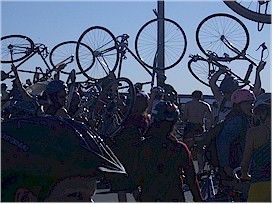 At the top of the
bridge, we all raised our bikes in celebration