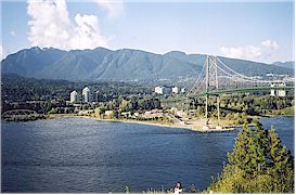 View of Lions Gate Bridge and Grouse Mountain from the top of Prospect Point