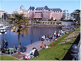 Strolling the Victoria inner harbour on a nice day, with the Empress Hotel in the background