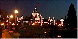 The British Columbia Legislature Building lit up at night