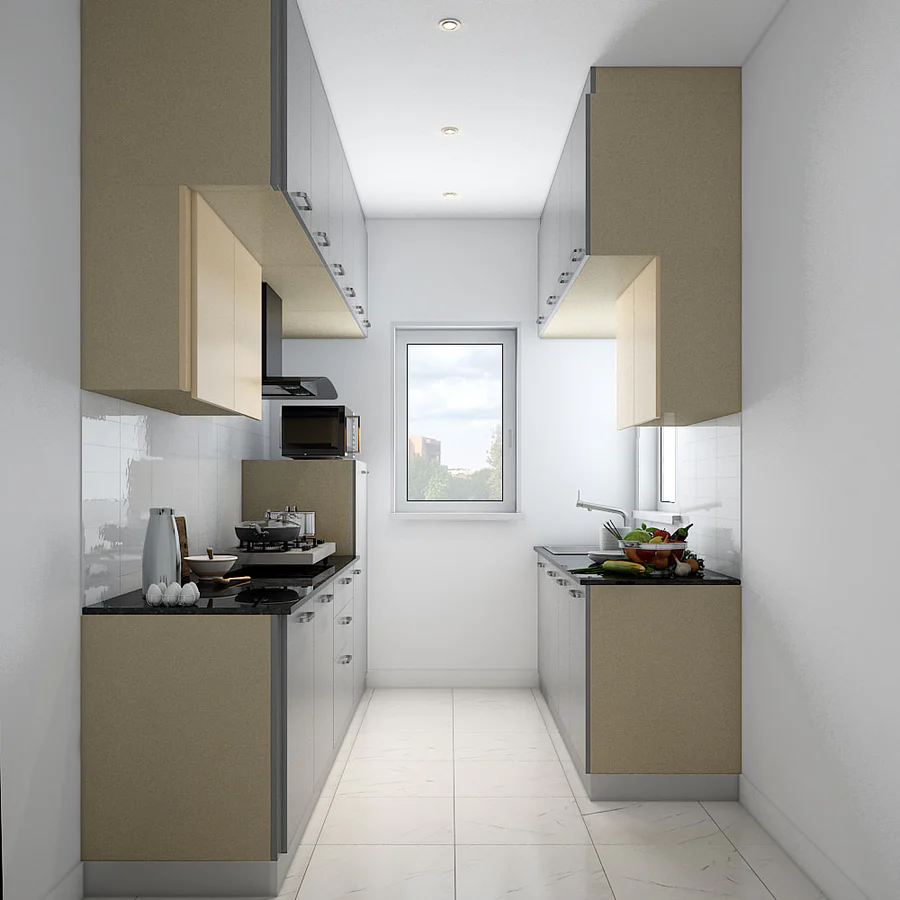 A Parallel-Shaped Kitchen In Light Grey And Cream Coloured Laminates