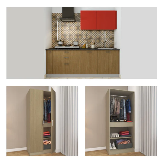 Light Wood 1 BHK Kitchen - Wardrobe Package