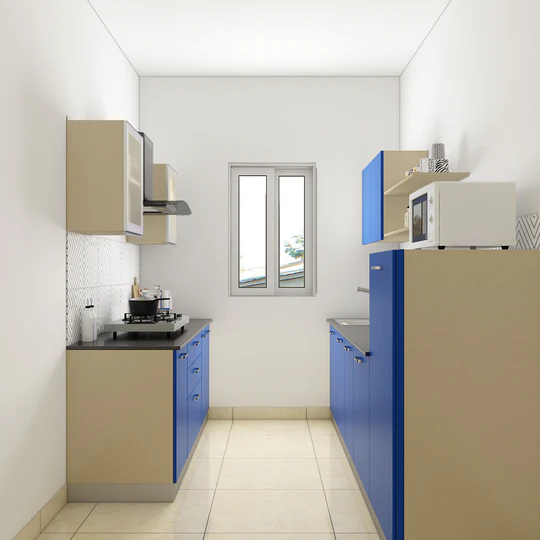 A Parallel Shaped Kitchen In Kingfisher Blue Paired With Frosted Glass Shutters