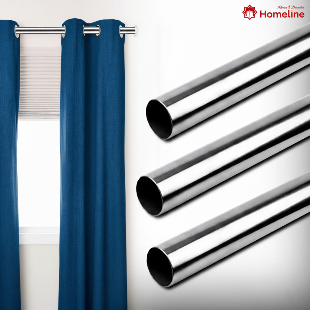 Home Line Stainless Steel Curtain Rod | Silver & Chrome Finish | Anti-Rust | Sturdy & Durable | Multipurpose | SS Pipes for Door, Window, Shower Curtain, Home and Office