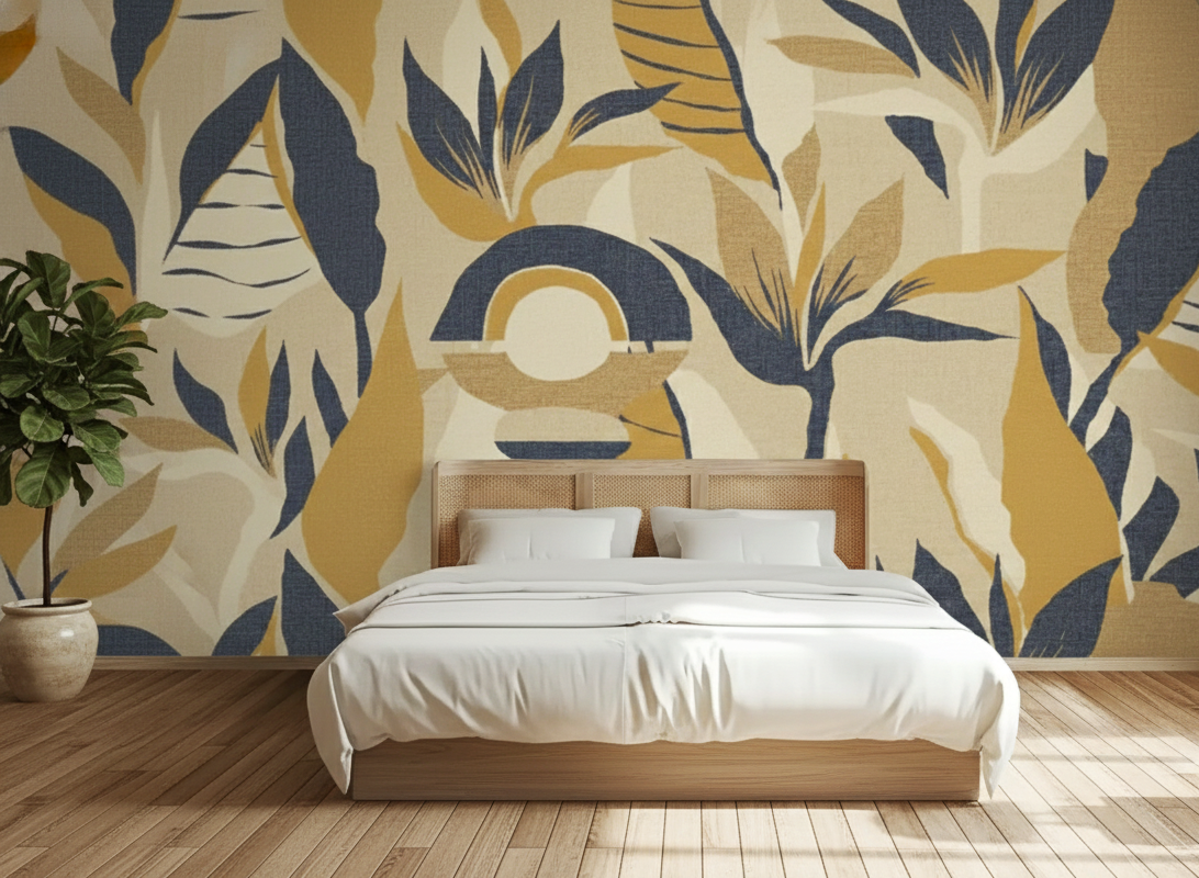 Neutral Terracotta Illustrated Tropical Palm Leaf Wallpaper Mural Glue-Adhisive