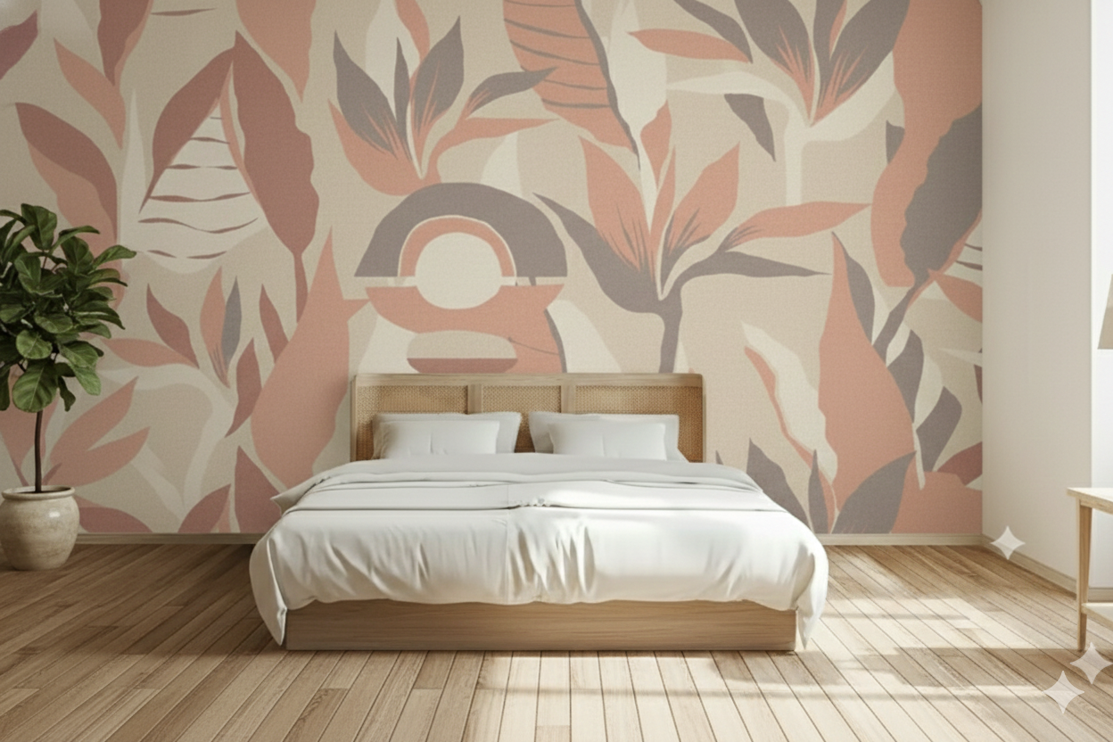 Boho Abstract Botanical Wall Mural - Terracotta Pink Tropical Leaves