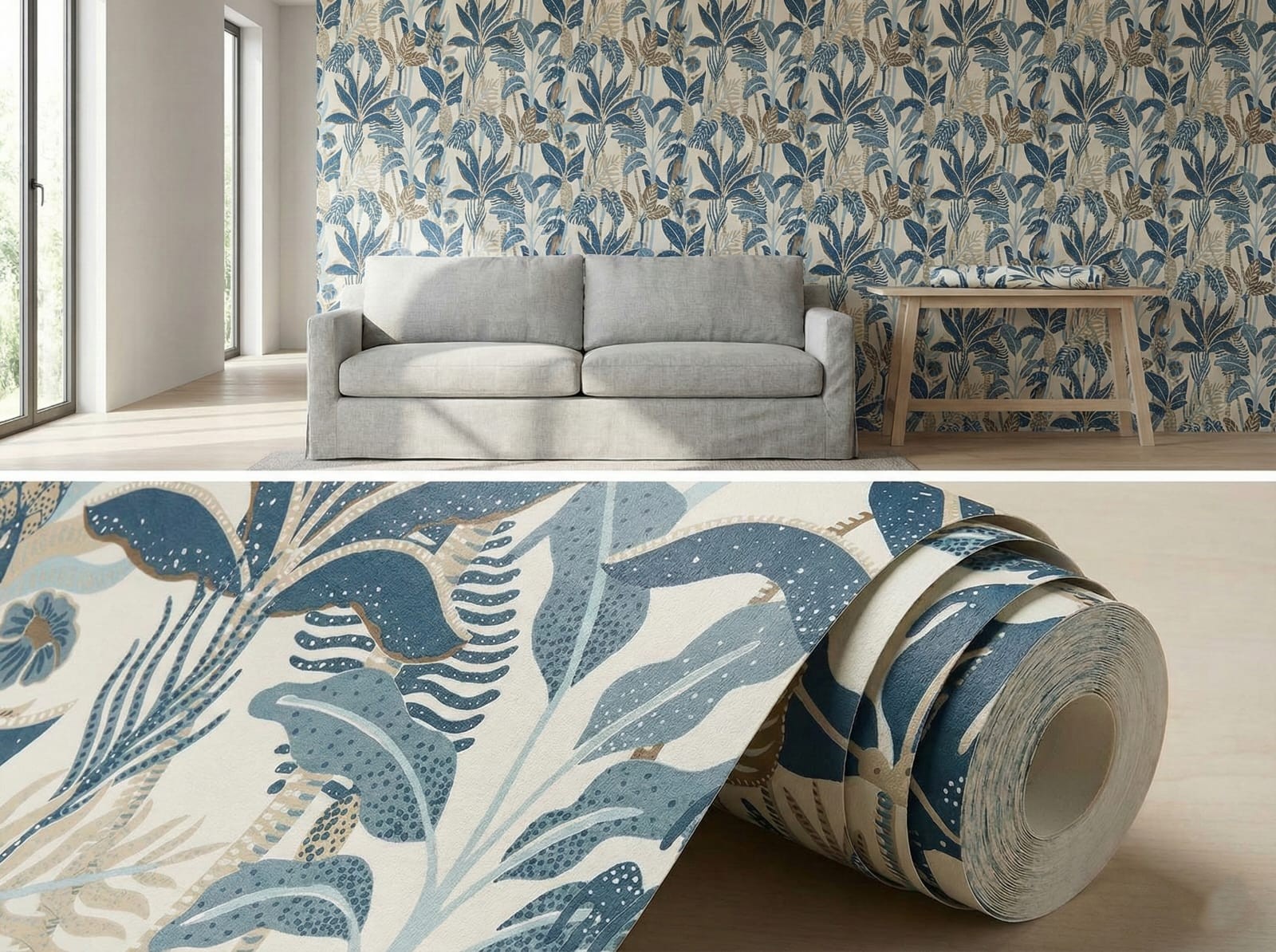Leval Home Line Stylized Blue & Beige Tropical Botanical Wallpaper Glue-Adhisive