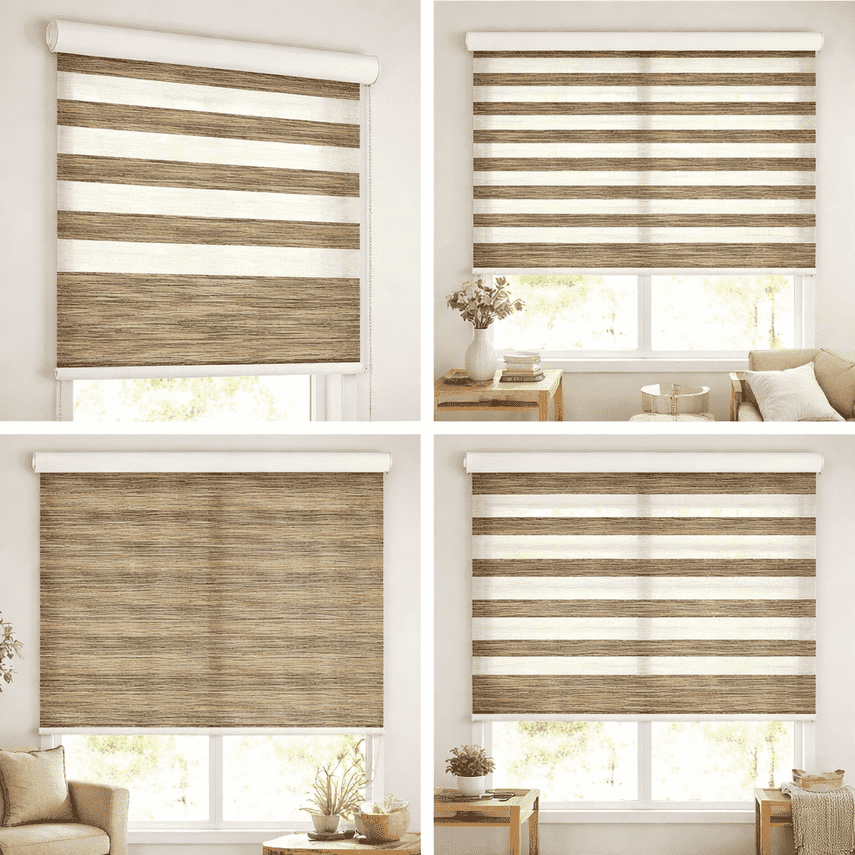 Premium Brown Wooden Texture Zebra Blinds Day Night Dual Layer Window Blind UV Protected Chain Operated Modern Designer Shade
