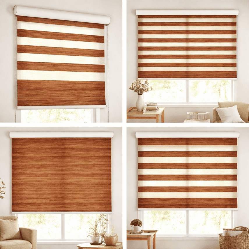 Premium Teak Wood Texture Zebra Blinds Day Night Dual Layer Window Blind Modern Designer UV Protected Roller Shade