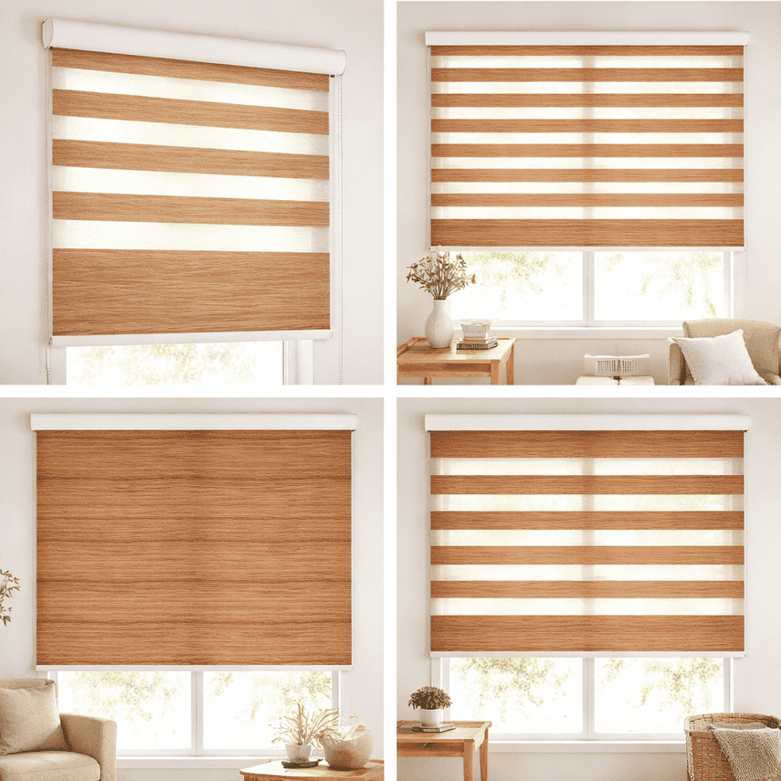 Premium Light Oak Wood Texture Zebra Blinds Day Night Dual Layer Window Blind Modern Designer Roller Shade