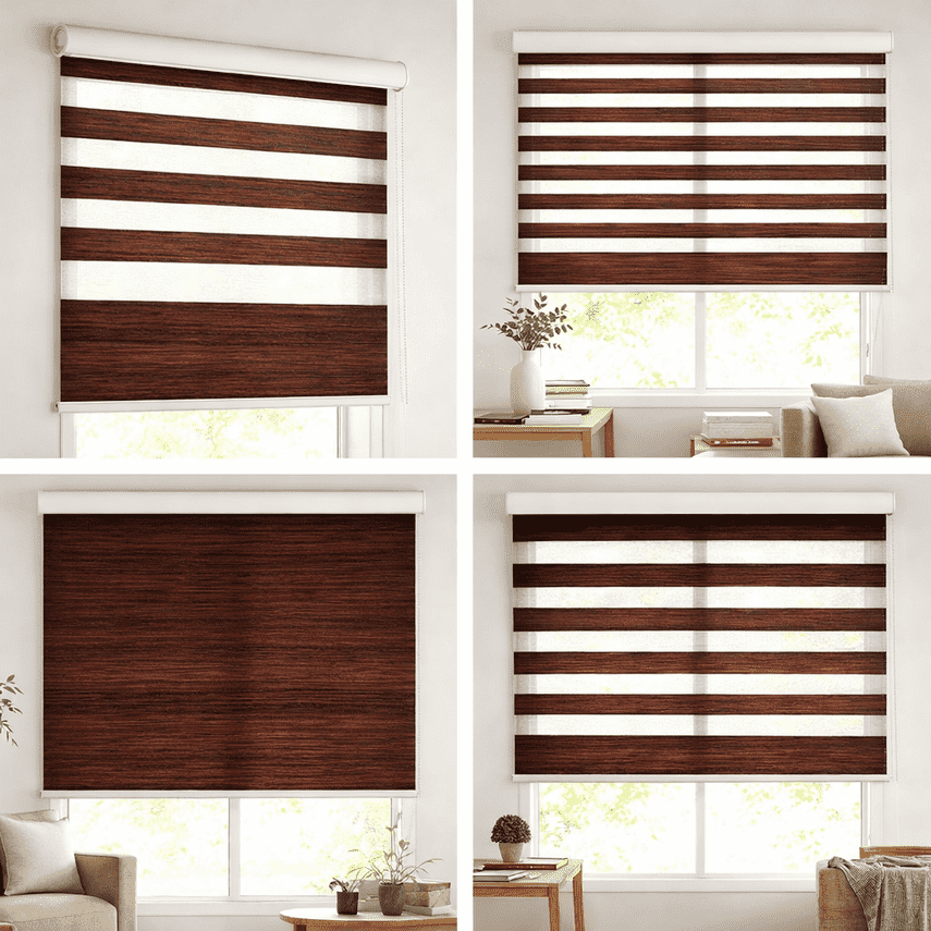 Premium Dark Walnut Wood Texture Zebra Blinds Day Night Dual Layer Window Blind Designer Roller Shade