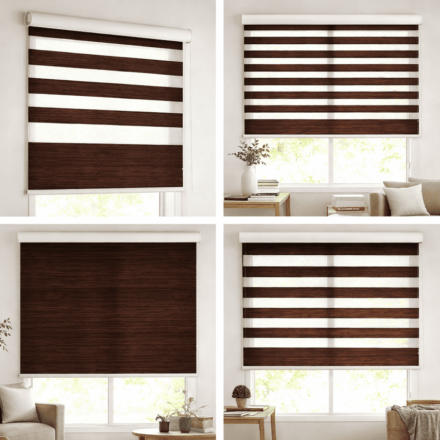 Premium Deep Walnut Wood Texture Zebra Blinds Day Night Dual Layer Window Blind Designer Roller Shade