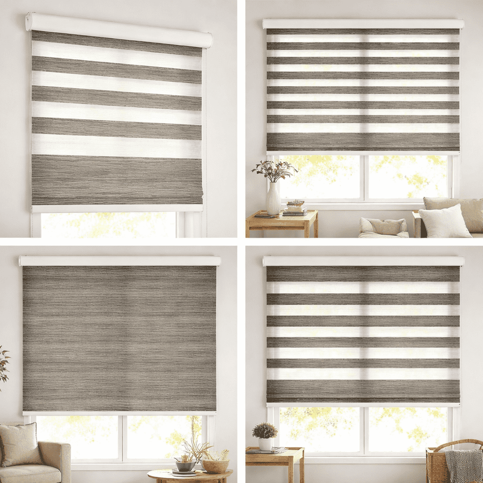 Premium Grey Oak Wood Texture Zebra Blinds Day Night Dual Layer Window Blind Modern Designer Roller Shade