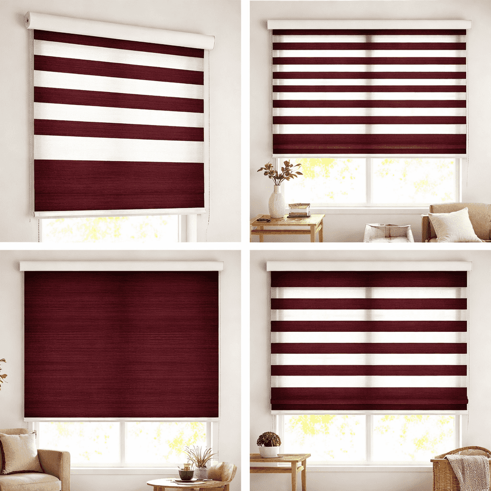 Premium Maroon Wood Texture Zebra Blinds Day Night Dual Layer Window Blind Designer Roller Shade