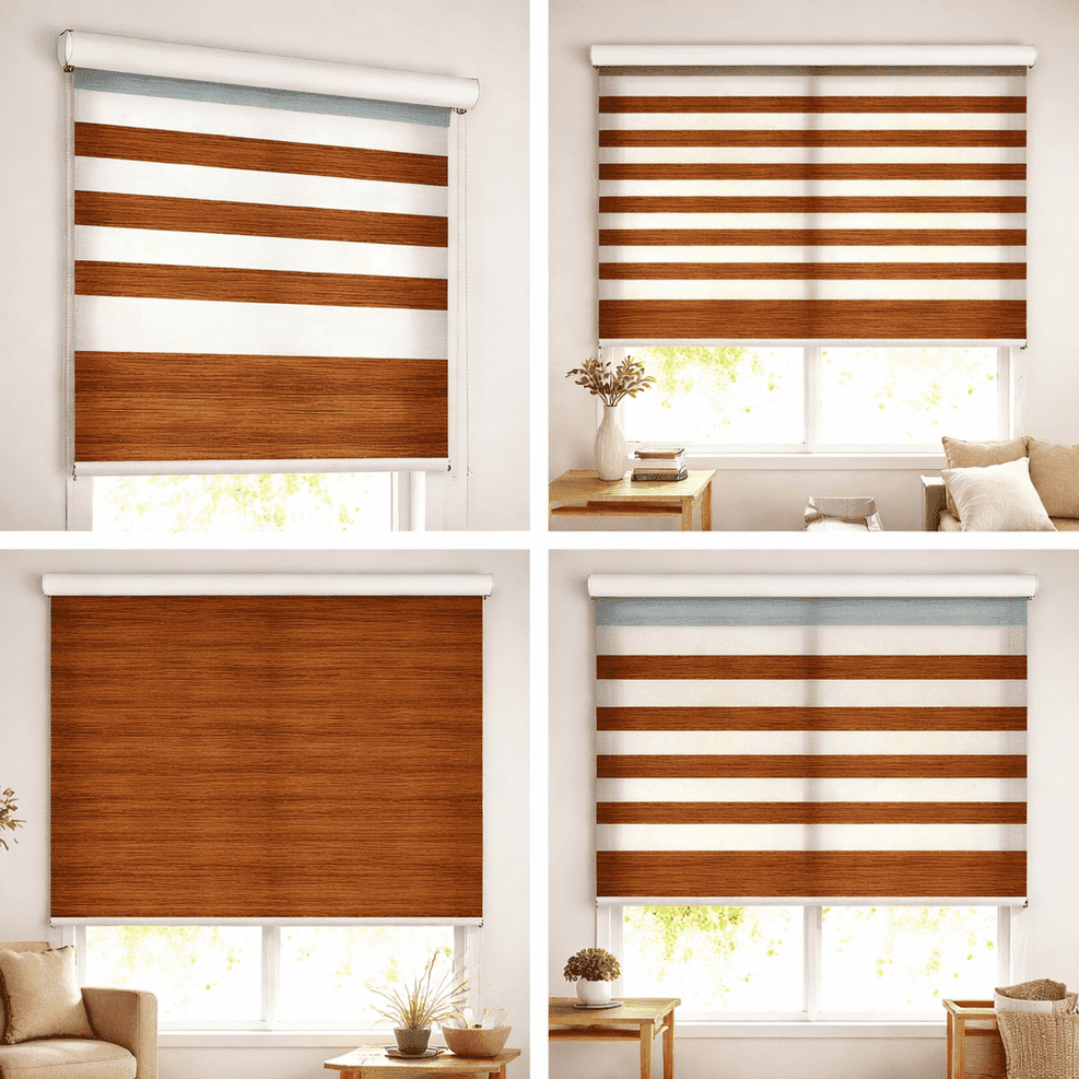 Premium Brown Wood Finish Zebra Blinds Day Night Dual Layer Window Roller Shade