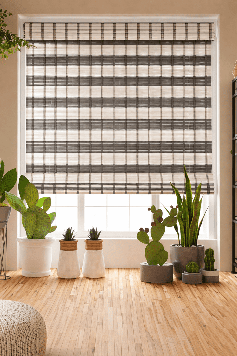 Premium Grey Checkered Bamboo Roll Up Blind Wooden Window Shade Eco Friendly Designer Reed Blind
