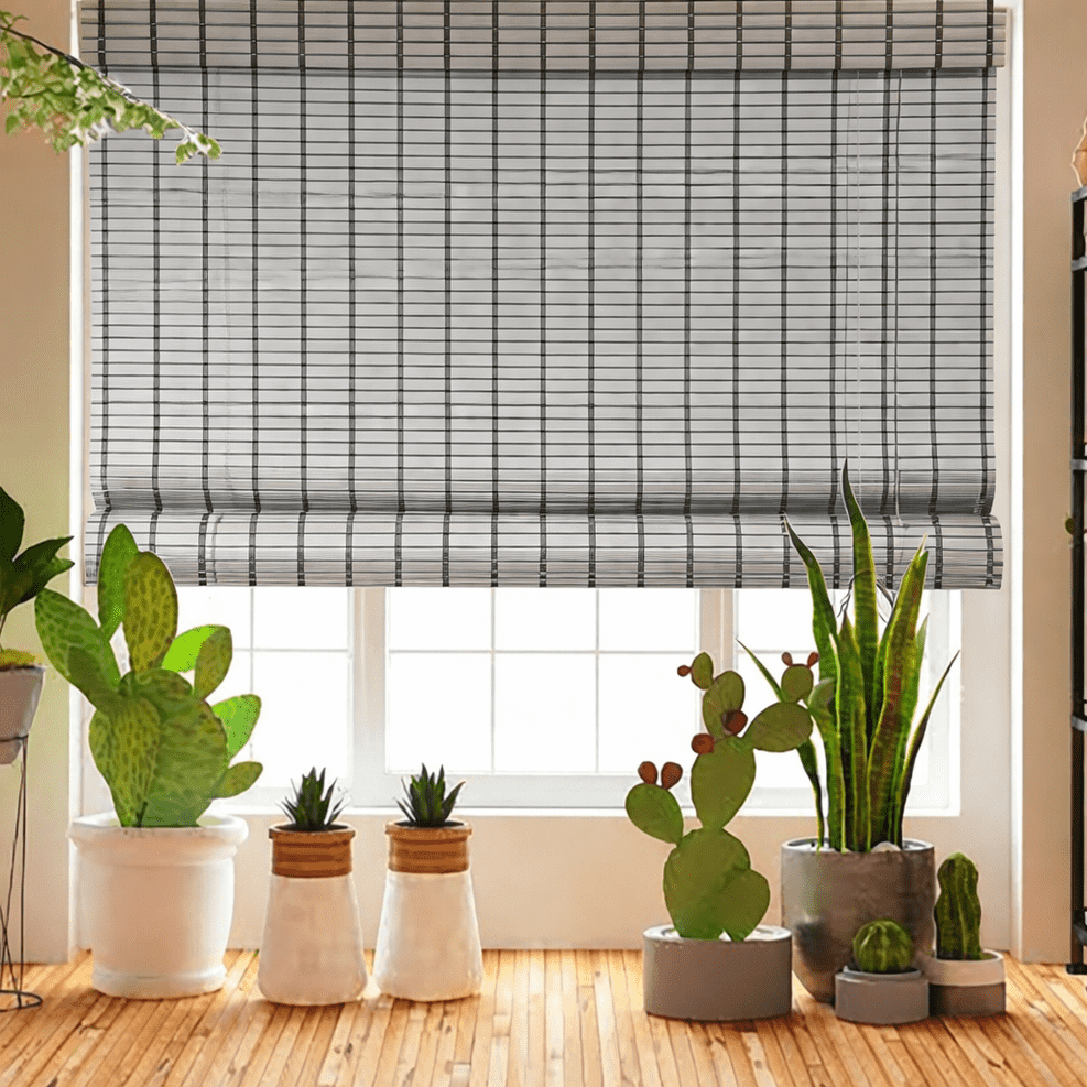 Premium Grey Grid Bamboo Roll Up Blind Wooden Window Shade Eco Friendly Designer Reed Blind