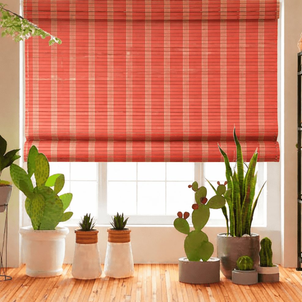 Premium Red Checkered Bamboo Roll Up Blind Wooden Window Shade Eco Friendly Designer Reed Blind