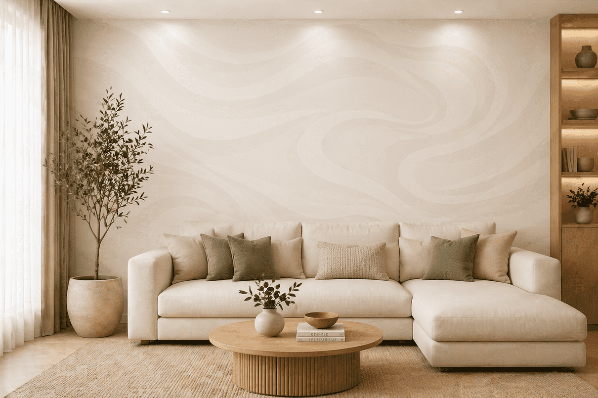 Luxury Minimal Beige Wave Wallpaper Modern Abstract Soft Texture Designer Wall Covering Premium Living Room Feature Wall