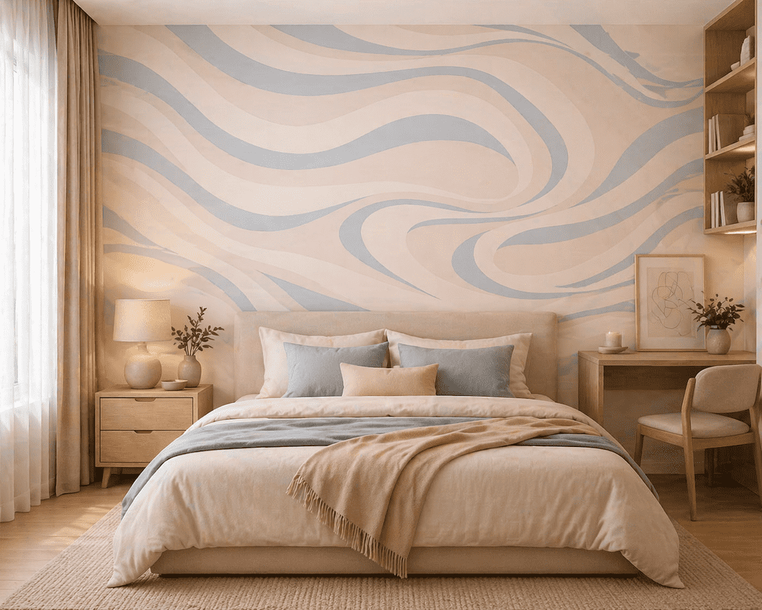 Modern Beige Blue Wave Wallpaper Abstract Designer Wall Covering Soft Luxury Bedroom Living Room Feature Wall Decor