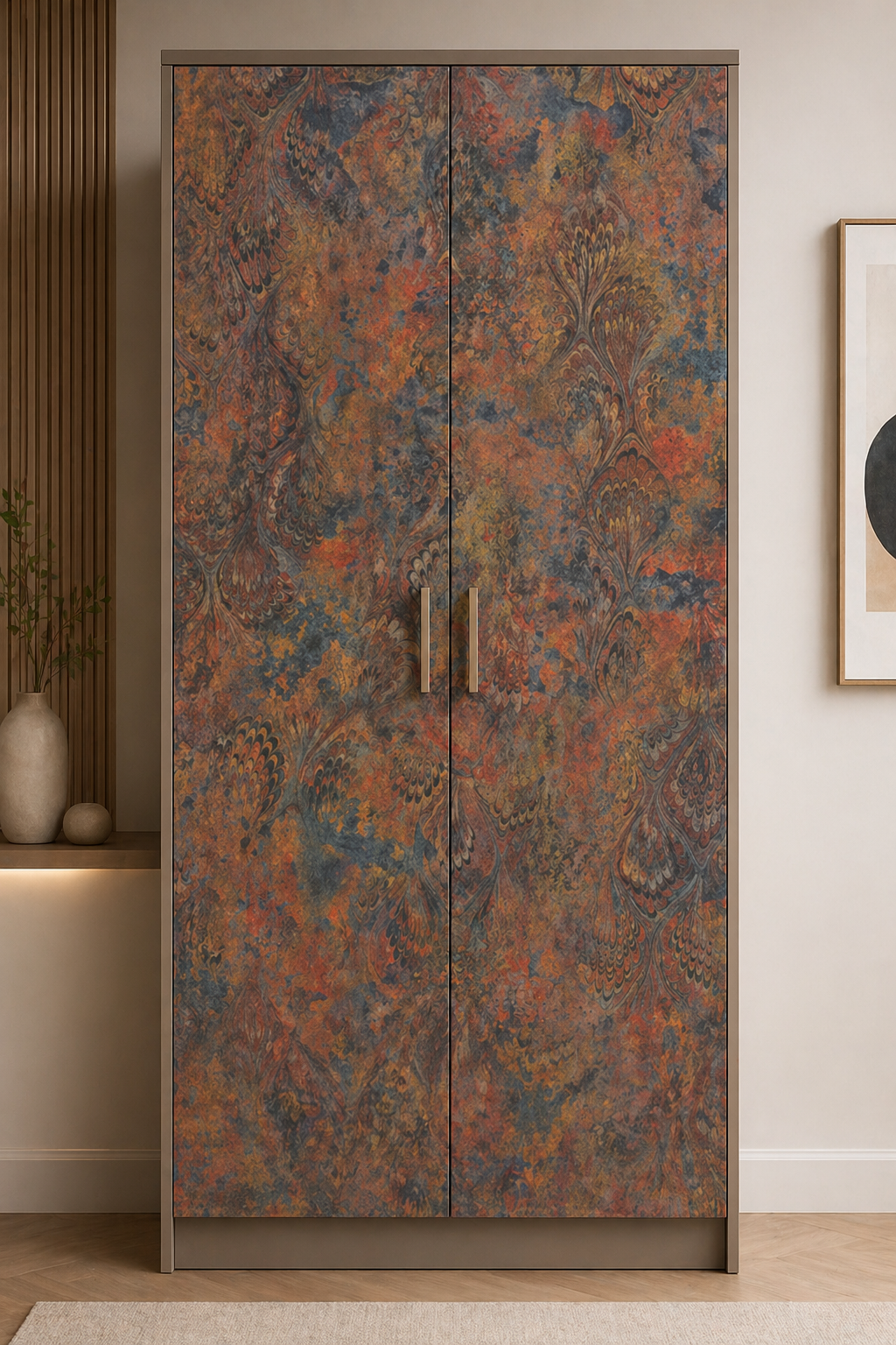 Premium Designer Printed Laminate Sliding Door Wardrobe | Rustic Marble Texture Finish | Modern Bedroom Storage Cabinet | Dual Door Wardrobe with Matte Finish