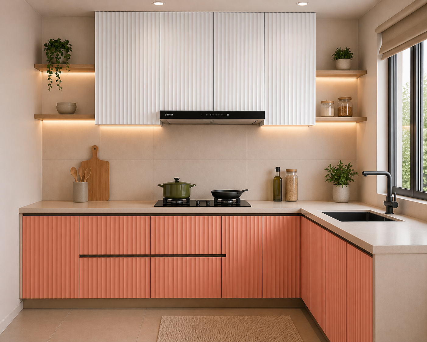 Modern L-Shape Modular Kitchen Design | Fluted Panel Finish Cabinets | Space-Saving Corner Kitchen Setup with Premium Laminates & Soft Close Storage